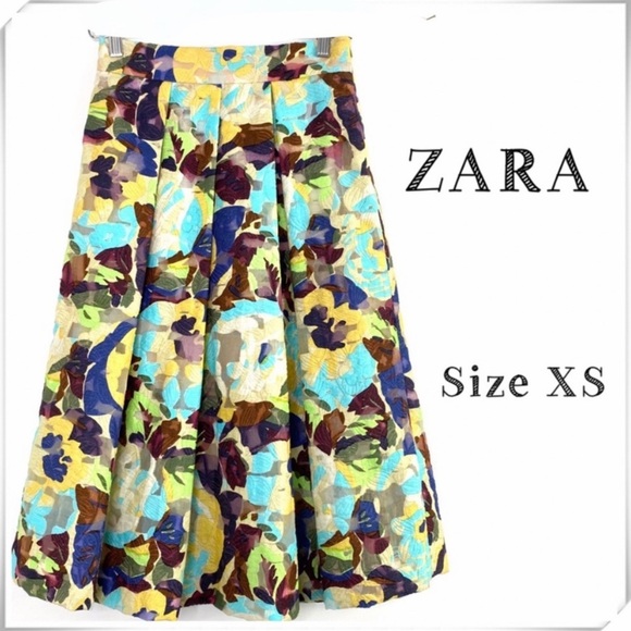 ZARA Floral Jacquard Puffy Pleated Midi Skirt in Yellow with Purple Size XS New - Picture 1 of 9
